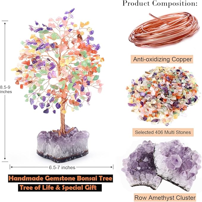 MASGEMES Chakra Tree of Life Natural Gemstone Crystal Tree,Healing Stones(406 Stone Count) with Amethyst Cluster,Fengshui Decor Bonsai Money Tree,Positive Energy Good Luck Gift Size 8.5"-9"