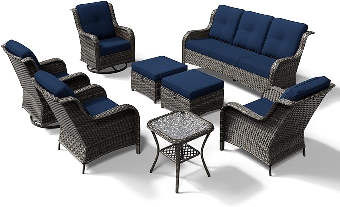 Joyside 8 Piece Wicker Patio Furniture Set, Outdoor Swivel Rocker Patio Chairs with High Back, Deep Seating, Wide Armrest, Thickened Cushions, Outdoor Furniture for Deck, Porch Use