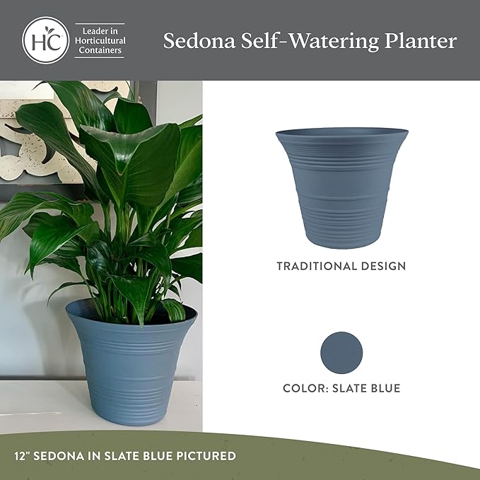 The HC Companies 16 Inch Sedona Round Self Watering Planter Pots, Lightweight UV-Resistant Plastic Indoor & Outdoor Planters, 2-Pack Flower Pots for Garden & Home Decor, Slate Blue