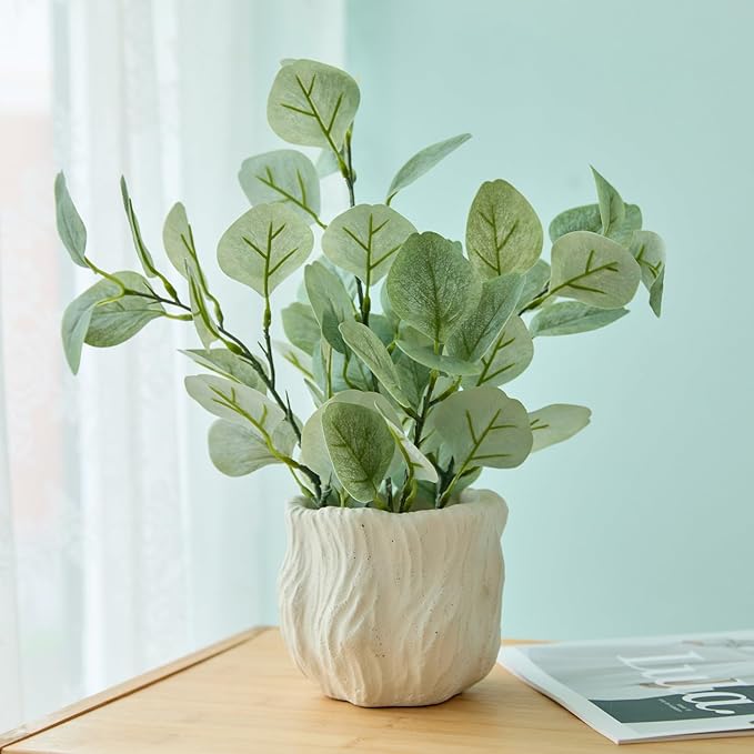 AlphaAcc 12.6" Artificial Plant Eucalyptus in White Embossed Ceramic Pot Lifelike Faux Plants Decorative Fake Greenery for Home Kitchen Bathroom Bedroom Office Desk Bookshelf Indoor Tabletop Decor