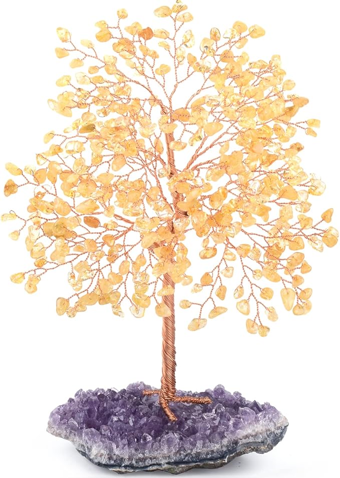 MASGEMES Gemstone Crystal Tree of Life,Natural Citrine(406 Stones Count) with Amethyst Cluster Base,Chakra Healing Crystals Positive Energy Fengshui Bonsai Money Tree Gift 8.5"-9"