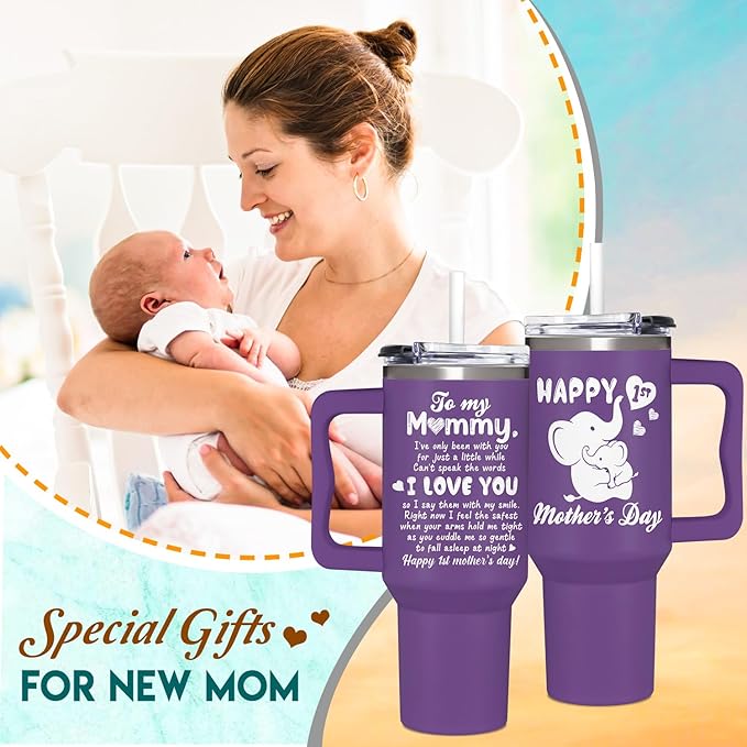 First Mothers Day Gifts For New Mom, Daughter From Baby, Sister, Son - 1st Mothers Day Gifts - First Time Mom Presents - Happy Mommy Day Gift Idea - Elephant 40Oz Tumbler With Handle Straw