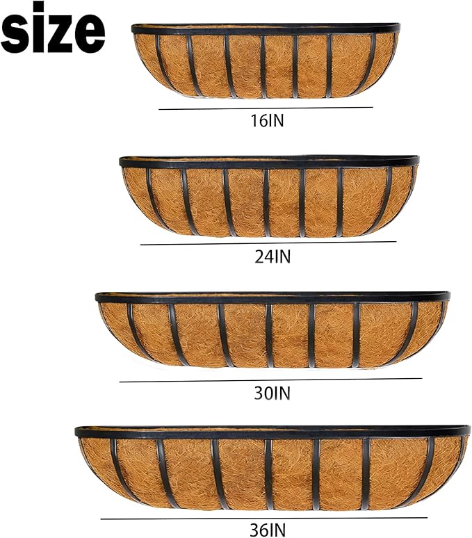 4 Pcs 24“ Railing Planter Window Box Deck Railing Planter Boxes with Coco Liner English Horse Trough Planter Metal Wall-Mounted Planters Basket for Outdoor Balcony Porch Fence Patio Rail