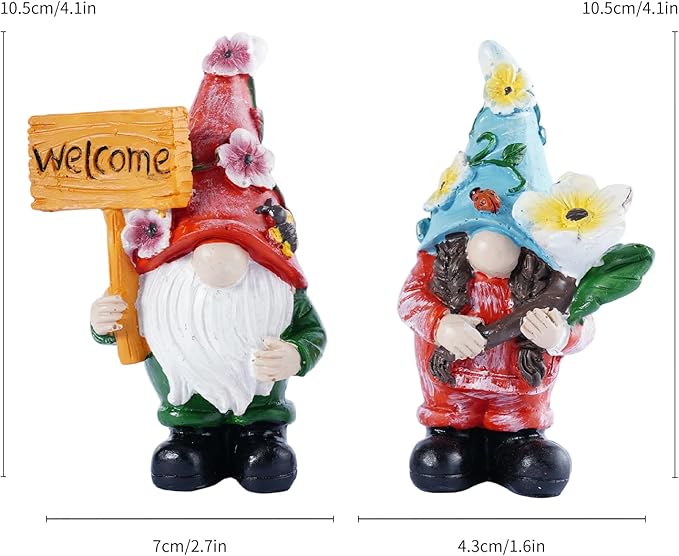 2-Piece Spring Flower Theme Gnome Resin Statues - Outdoor Patio & Lawn Garden Decor, Indoor Home Ornament, Dwarf Garden Figurines, Ideal Gift for Parents & Friends