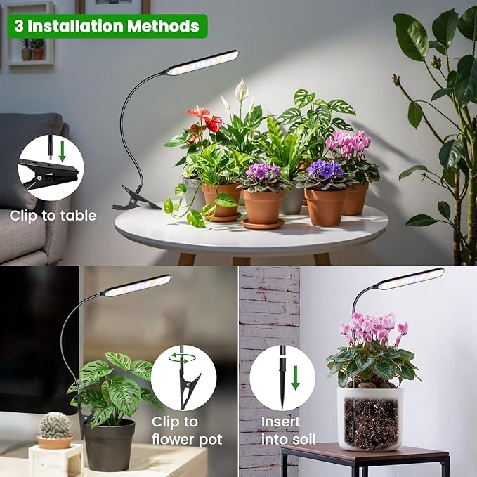 Garpsen Grow Light, 6000K Full Spectrum Plant Light with Timer 6/12/16Hrs, Rectangular Grow Lamp with Clip & Gooseneck for Indoor Plants, 3 Spectrums and 5 Dimmable, 2Pack