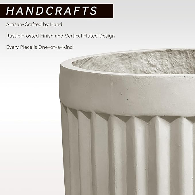 Round Planter with Vertical Ribs, 12 Inch Large Plant Pots with Drainage Hole, Modern Planters for Indoor Outdoor Plants, Home Decor, White