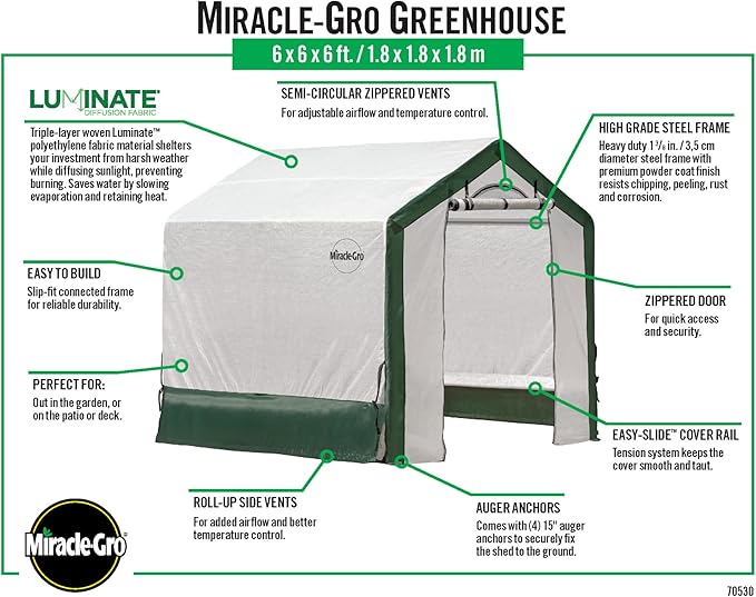 Miracle-GRO 6' x 6' x 6' All-Season Indoor/Outdoor Backyard Garden Greenhouse and Compact Waterproof Plant Shelter, Translucent