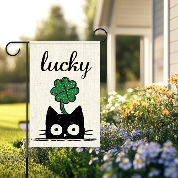 St Patricks Day Garden Flag 12x18 Inch Double Sided,Lucky Shamrocks Cat Outdoor Irish Decor House Porch Flag for St Patrick's Day Party and Yard Decorations