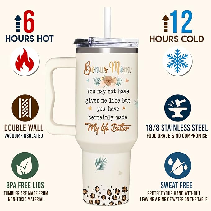 Bonus Mom Gifts - Stepmom Gift - Gifts For Step Mother - Bonus Mom Mothers Day, Christmas, Birthday Gift Ideas - Bonus Mother Cup Tumbler 40 Oz with Handle