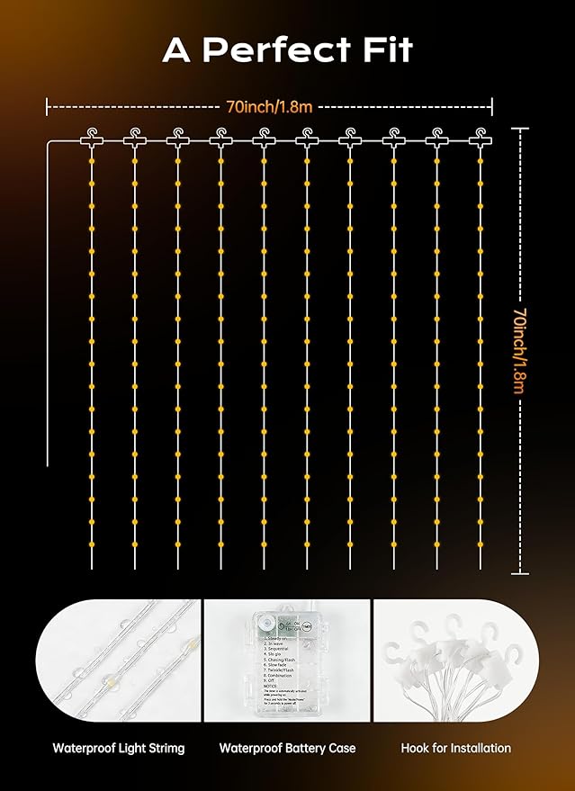 Brightown 180 LED Shower Curtain Fairy Lights, 70 Inch Warm White Waterproof Battery Operated String Light, 8 Modes, Battery Powered Christmas Light for Indoor Outdoor Decor(No Curtain)