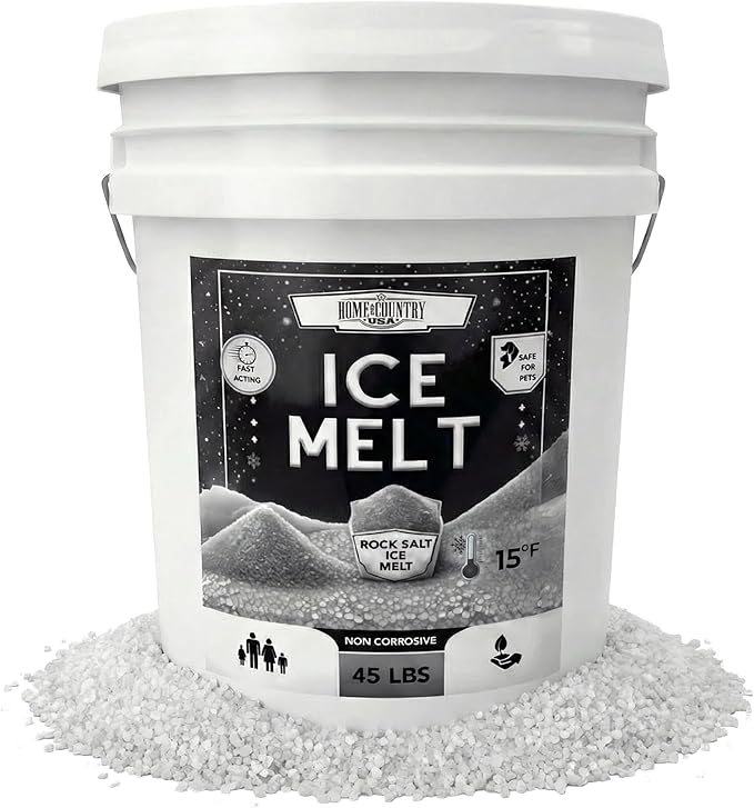 Rock Salt Ice Melt Pail De-Icer, Optimal Granule Size for Quick Melting, Ideal for Driveways, Walkways, and Entryways 45 lb Pail