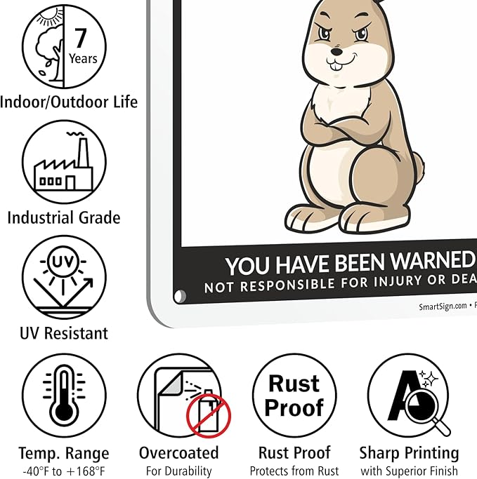 SmartSign Funny Beware Of Rabbits Warning Sign - 10"x7", 40 mil Laminated Rust-free Aluminum - Metal Signs for Farms, Outdoors, Patio, Gifts, Cafe - Rabbits Theme, Made in USA