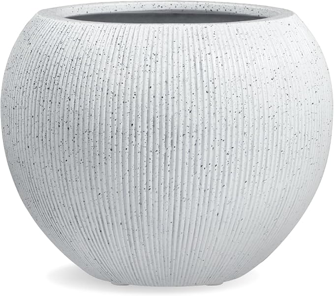 KUTE NEST 16" H x 20" D Ribbed Globo Fiberstone Round Planter with Drainage Hole, Weather Resistant for Indoor and Outdoor Use, Included 2 Extra Coco Mats (Speckled White, 13.5" Pot Opening)