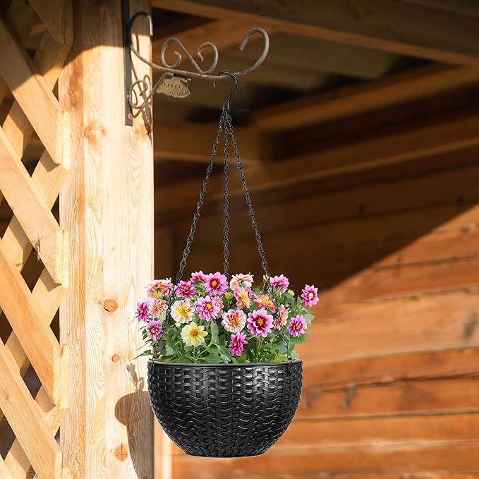 Foraineam Dual-Pot Self-Watering Hanging Planters, Black, 2 Pack, Indoor/Outdoor, Rattan Design, 10.2in and 8.2in