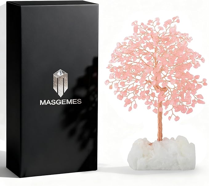 MASGEMES Gemstone Crystal Tree of Life,Natural Rose Quartz (406 Stones) with Clear Quartz Base,Chakra Balancing Positive Energy Feng Shui Home Decor Bonsai Money Tree,Birthday Gift 8.5"-9"