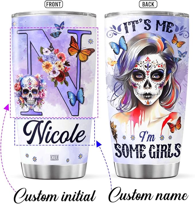 Personalized Initial Coffee Tumbler Skull Custom Name Birthday Gifts For Women Adults Teens Friends Flower Travel Mug With Lid Insulated Cup Oz Cold Steel Tumblers Jewelry Style