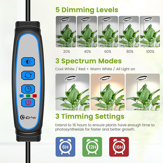 Black Grow Light, Full Spectrum LED Plant Lights for Indoor Growing with 6/12/16H Timer, 3 Color Modes, 5 Brightness, 10"-65" Height Adjustable Plant Grow Lamp for Large Indoor Plants