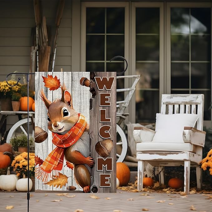 Welcome Fall Garden Flag 12x18inch The Nut Squirrel Fall Autumn Thanksgiving Garden Flags Yard Porch House Flag Double-Side For Home Outdoor Yard Patio Lawn Decor, Garden Decorations