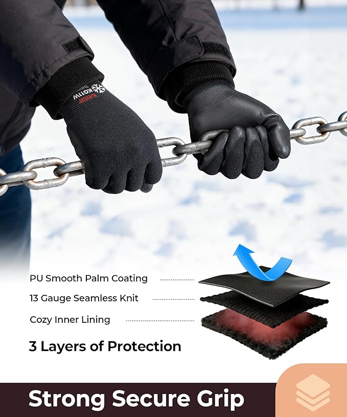KAYGO Winter Work Gloves for Men and Women, 12 Pairs Thermal Insulated Safety Work Gloves PU Coated, Smooth Grip on Palm & Fingers,Ideal for Freezer Work,Black,S