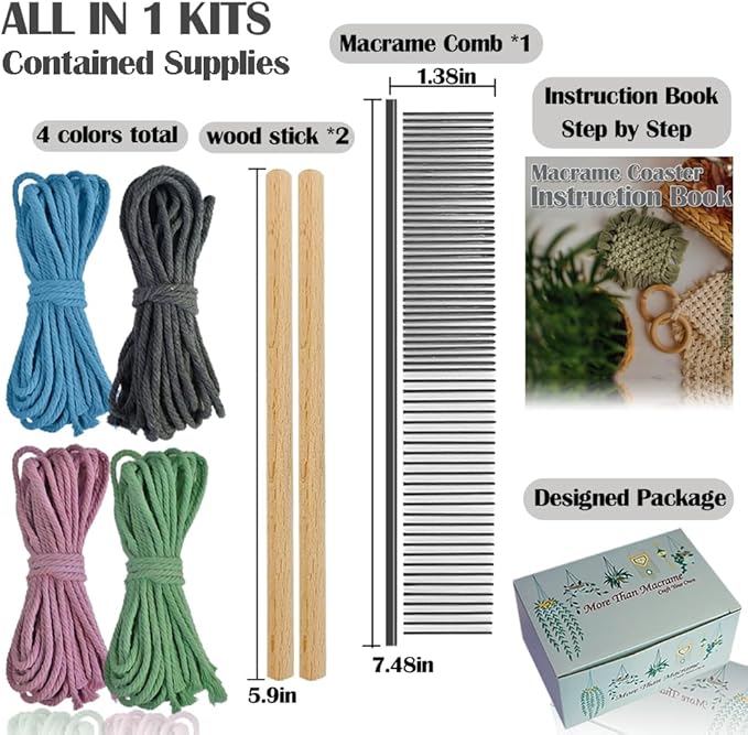 Ewparts Macrame Kits for Adults Beginners to Make 4 Macrame Cup Coasters Boho Coasters Kit with Macrame Supplies Pre-Cutted Macrame Cord Pink/Blue/Grey/Sega Christmas Ornament Kits for Adults
