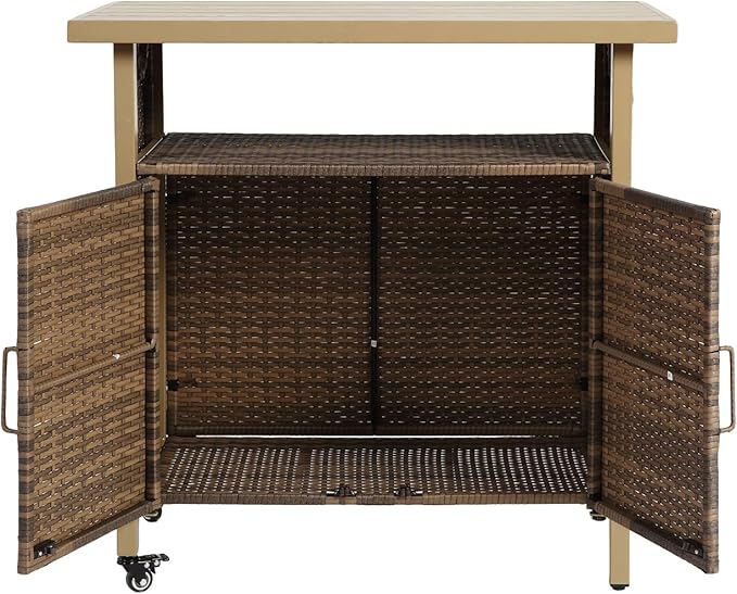 Outdoor Wicker Bar Cart, 35.43" Patio Wine Serving Cart with Plastic Wood Top, Rolling Rattan Beverage Bar Table with Wheels & Storage for Garden, Backyard & Poolside, Beige