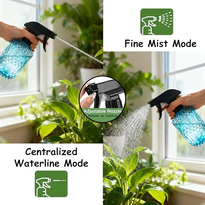 Glass Plant Mister Bottle, 15oz Refillable Water Spray Bottle with Adjustable Mist Nozzle for Indoor Flowers, Outdoor Gardening, Cleaning, Hair and Pets Care (Blue)