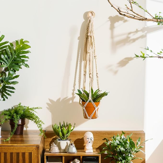 Artilady Plant Hanger Indoor Macrame Hanging Planters for Plants Holder Boho White Basket No Tassels Farmhouse Rustic Window Wall Decor (White Planter)