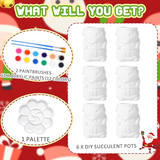 Pasimy 6 Set Ceramics to Paint DIY Ceramic Succulent Planter Pots Paint Your Own Flower Pots Craft Kit Unpainted Bisque Flowerpot with Brush Palette for Family Activity Holiday Gifts(Santa)