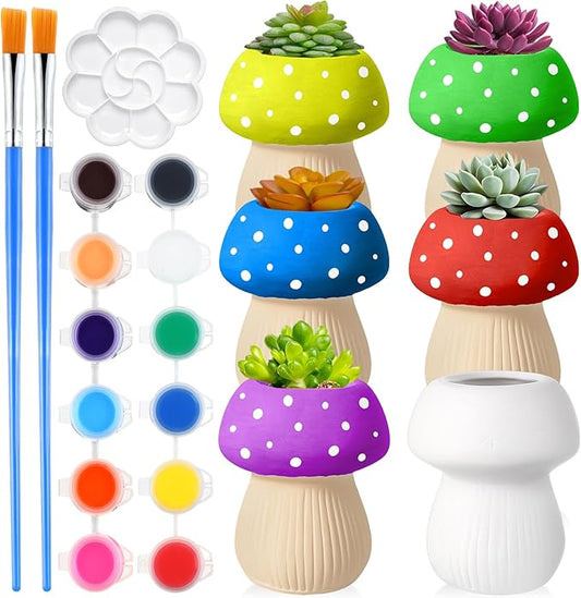 Pasimy 6 Set Ceramics to Paint DIY Ceramic Succulent Planter Pots Paint Your Own Flower Pots Craft Kit Unpainted Bisque Flowerpot with Brush Palette for Family Activity Holiday Gifts(Mushroom)