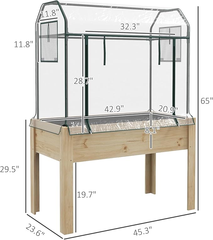 Outsunny Raised Garden Bed with Plastic Greenhouse Cover and Bed Liner, Outdoor Elevated Wood Planter Box for Herbs and Vegetables, Use for Patio, Backyard, Balcony, 45 x 24 x 65 inch, Natural
