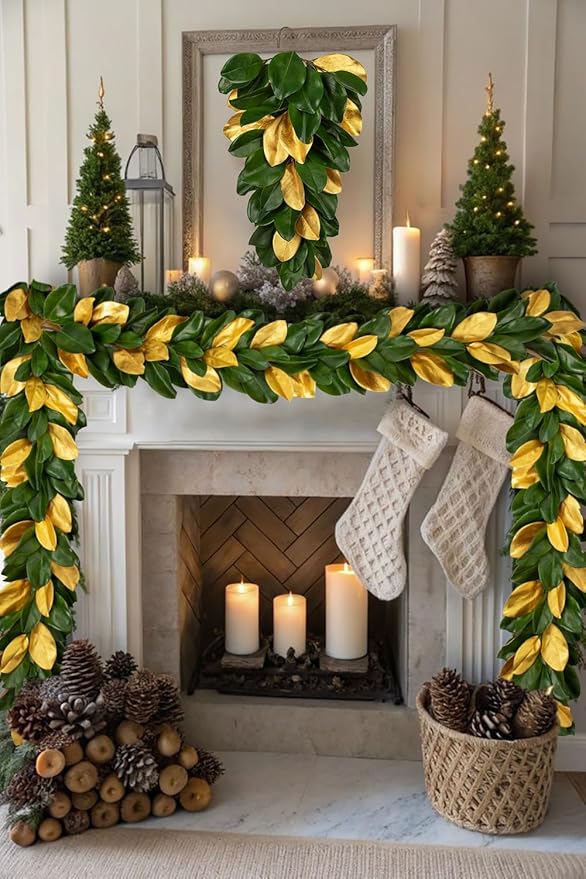 Christmas Gold Leaf Holiday Teardrop Swag – 27" Artificial Magnolia Greenery Hanging Decoration – Elegant Front Door & Fireplace Décor for Christmas Thanksgiving