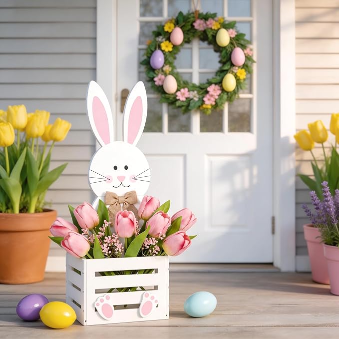 Easter Wooden Bunny Planter Box Flower Pot Rabbit Basket Easter Bunny Porch Decor for Spring Front Door Outdoor Indoor Patio Lawn Garden Backyard 31.5''h