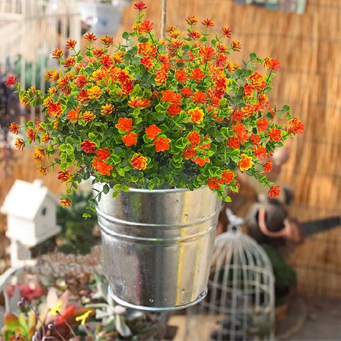 Grunyia 10 Bundles Artificial Fake Flowers, Faux Outdoor Plastic Plants UV Resistant Shrubs Outside Indoor Decorations (Orange-Eucalyptus)