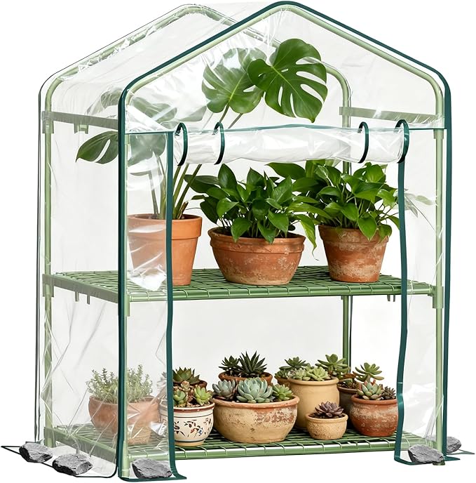 Twira 2-Tier Mini Greenhouse Outdoor, Portable Small Greenhouses for Winter, PE-Coated Metal Frame & PVC Cover Green House for Outside Plants, Indoor Greenhouse Women Men Gardening Gifts 2.3x1.6x3ft