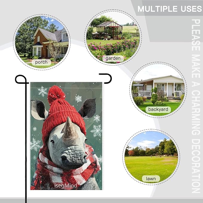 Rhino with Red Scarf and Hat Snowflake Christmas Garden Flag, 28x40 Inch Double Sided Linen Holiday Red Winter Farmhouse Yard Outdoor Decoration (4338)