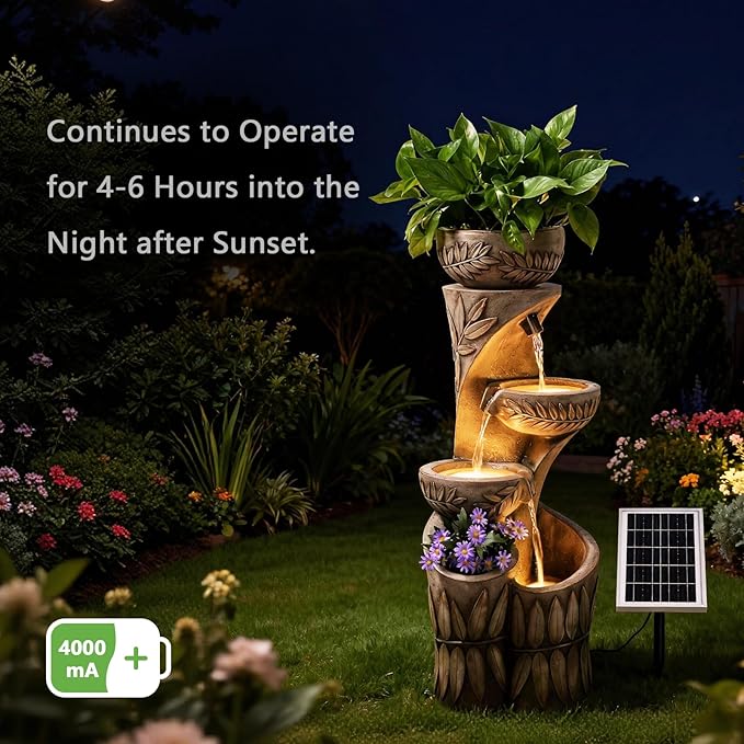 35.6" Solar Outdoor Water Fountain - Relief Leaf Design 4 Tiers Modern Cascading Bowls and Garden Fountains with Lights for Patio, Deck, Porch, Lawns, Backyard and Home Art Decor