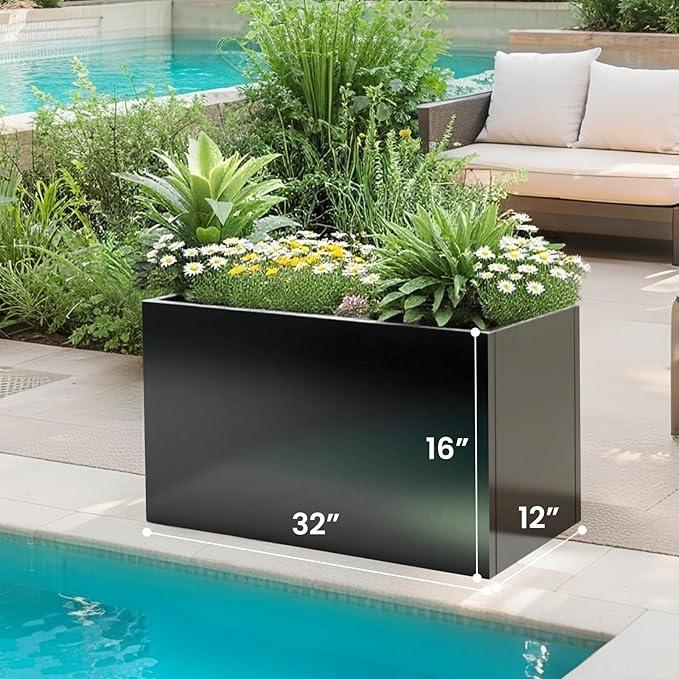 GZLVSOW Galvanized Steel Planter Black Metal Outdoor Planter Powder Coated 32" x 12" x 16" Pot Metallic Heavy Pot Indoor & Outdoor, Commercial & Residential (L32 x W12 x D16, Black)