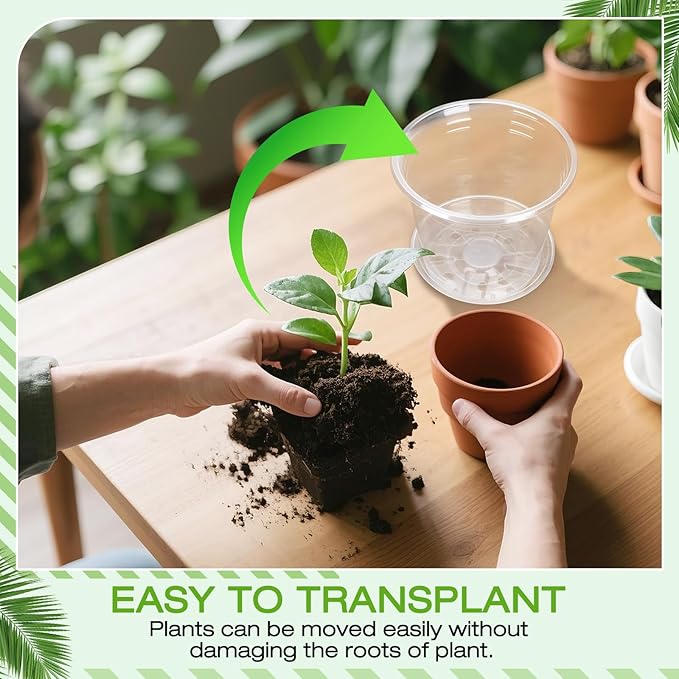 4 Inch Clear Nursery Pots with Drainage Trays, 15 Pack Plastic Pots for Plants, Clear Pot for Seed Starting, Transplanting, Succulents, and Indoor Gardening (4 inch)