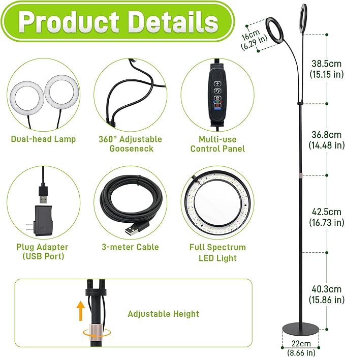 Grow Lights for Indoor Plants,Double Head Full Spectrum LED Plant Light with Stand,6 Dimmable Levels & 3 Lighting Modes, Auto On Off Timer 3/9/12H, 38-67 inches Adjustable Height, Black