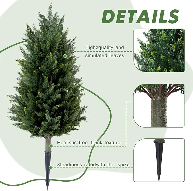 Pair Artificial Cedar Topiary Christmas Trees, 3ft UV-Resistant Faux Cypress shrubs w/Ground Spikes (Including Lights),Tall Evergreen Decorative Plants for Outdoor & Indoor Porch, Patio, and Garden