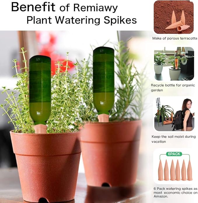 REMIAWY Plant Watering Spikes, Plant Vacation Waterer Wine Bottle Watering Stakes Terracotta Devices Slow Release Self Spikes for Indoor Outdoor