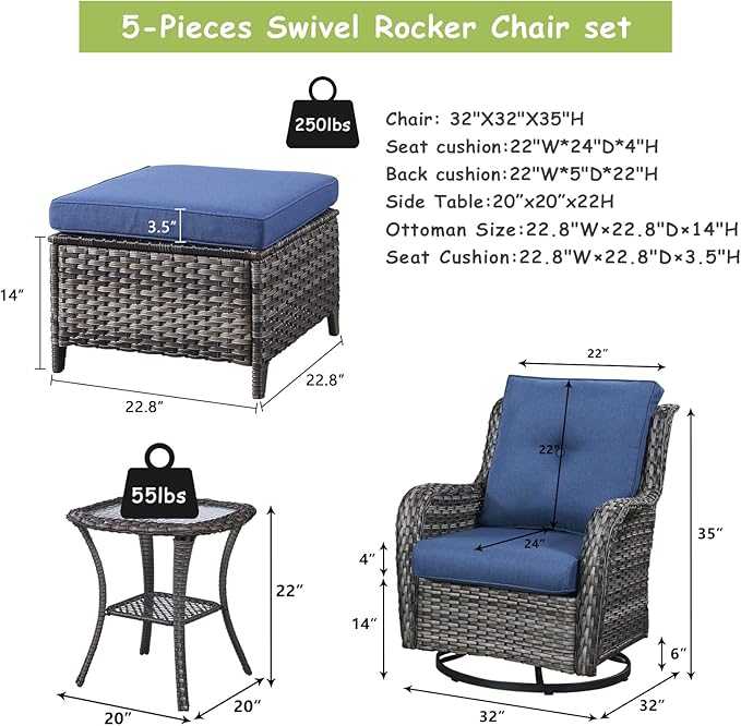Rilyson Wicker Patio Furniture Set - 5 Piece Rattan Outdoor Sectional Conversation Sets with 2 Swivel Rocking Chairs,2 Ottomans and 1 Side Table for Porch Deck Garden(Mixed Grey/Blue)