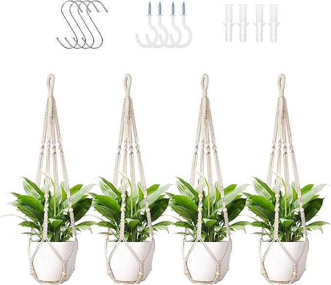 LEWESU Macrame Plant Hanger Indoor Set of 4 with 8 Hooks, Indoor Outdoor Hanging Planter for Plants Holder with Decorative Wood Beads & No Tassels, Boho Home Decor, 35 Inch Ivory (Pots Not Included)