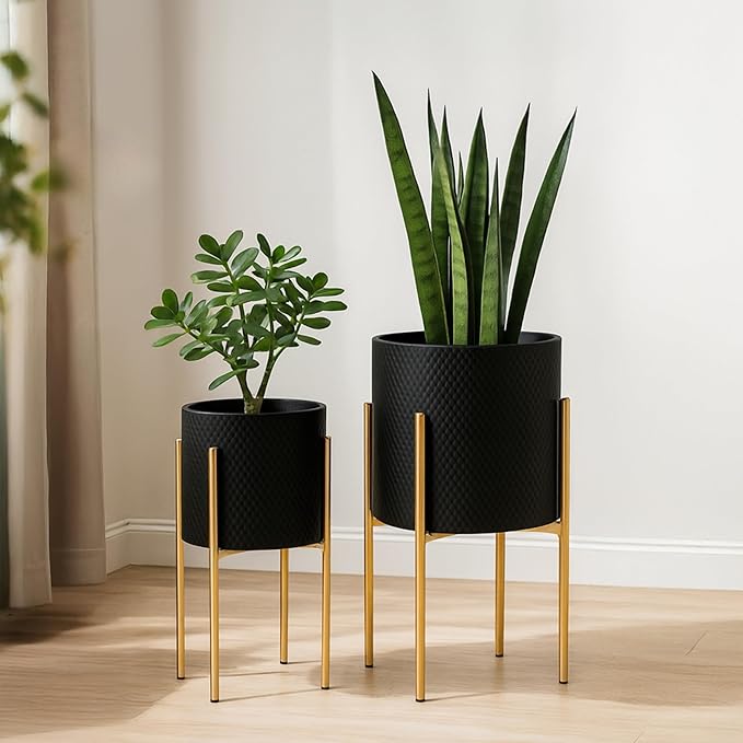Decorative Flower Pots with Metal Stand for Home Decor - Modern Planters for Hallway, Entryway, and Living Room Decor - Indoor and Outdoor Pots for Plants - Set of 2, 23", 19", Black & Gold