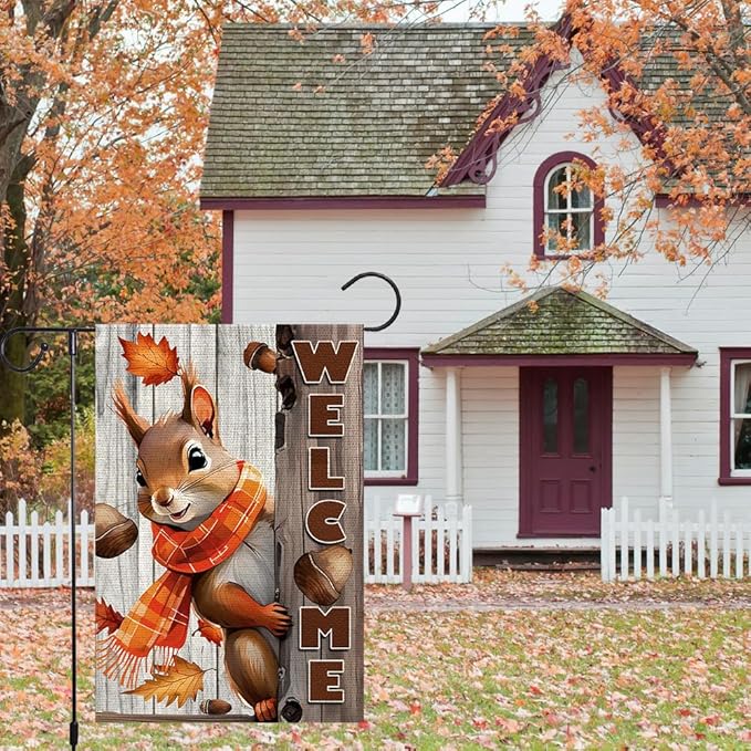 Welcome Fall Garden Flag 12x18inch The Nut Squirrel Fall Autumn Thanksgiving Garden Flags Yard Porch House Flag Double-Side For Home Outdoor Yard Patio Lawn Decor, Garden Decorations