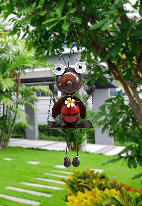 GDF Solar Lady Bugs Swing Metal Ladybug Hanging Animal Garden Decor Waterproof Solar Lights Decorative Outdoor Lights for Outside Patio Balcony Pathway Lawn Yard,Christmas Gifts for Her/Him