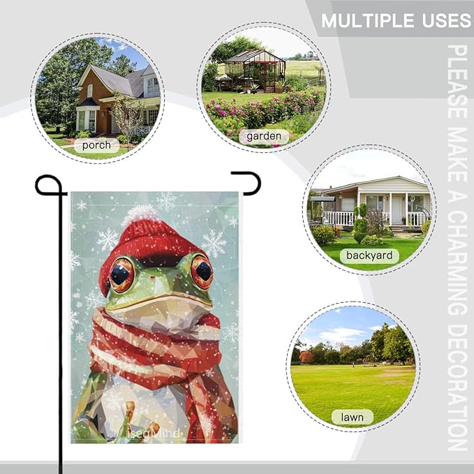 Frog with Red Scarf and Hat Snowflake Christmas Garden Flag, 28x40 Inch Double Sided Linen Holiday Red Winter Farmhouse Yard Outdoor Decoration (4342)