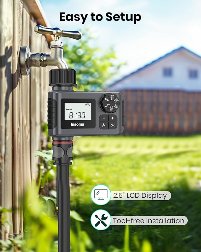 Insoma Outdoor Garden Hose Faucet Timers, Programmable Water Sprinkler Timer with Rain Delay/Manual/Automatic Drip Irrigation and Lawn Watering System for Yard, 1 Outlet