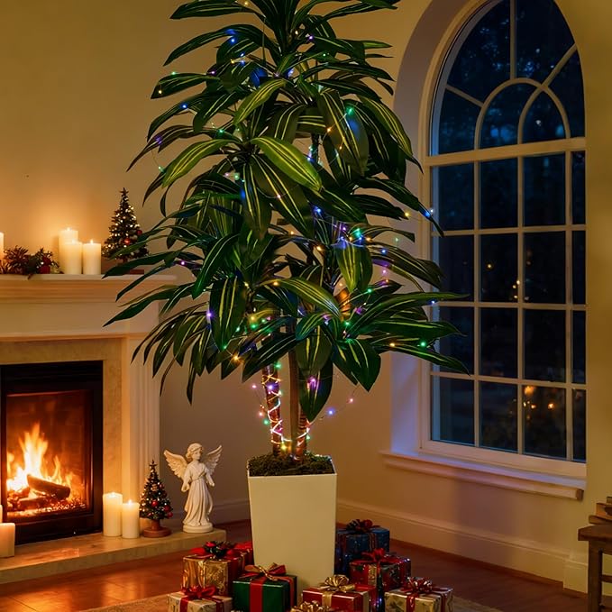 Artificial Dracaena Plant 6FT - Fake Tree with Tall Planter and Fairy Lights, Artificial Trees Faux Yucca Plants Indoor, Fake Plants for Home Office Living Room Decor