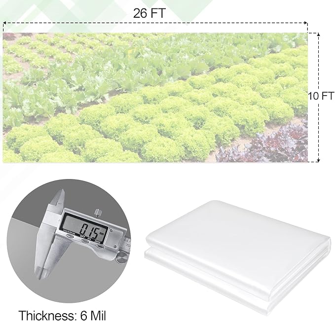 10 x 26 FT Clear Greenhouse Plastic Sheeting, 6 Mil Polyethylene Film Heavy Duty, Water Sun Frost Wind Dust Resistant Winter Hoop House Toughness Plastic Cover for Farming, Gardening, Agriculture, DIY